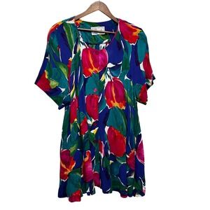 VTG 90s Thomas O Women Knee Length Dress 2X Blue Abstract Floral Button Front
